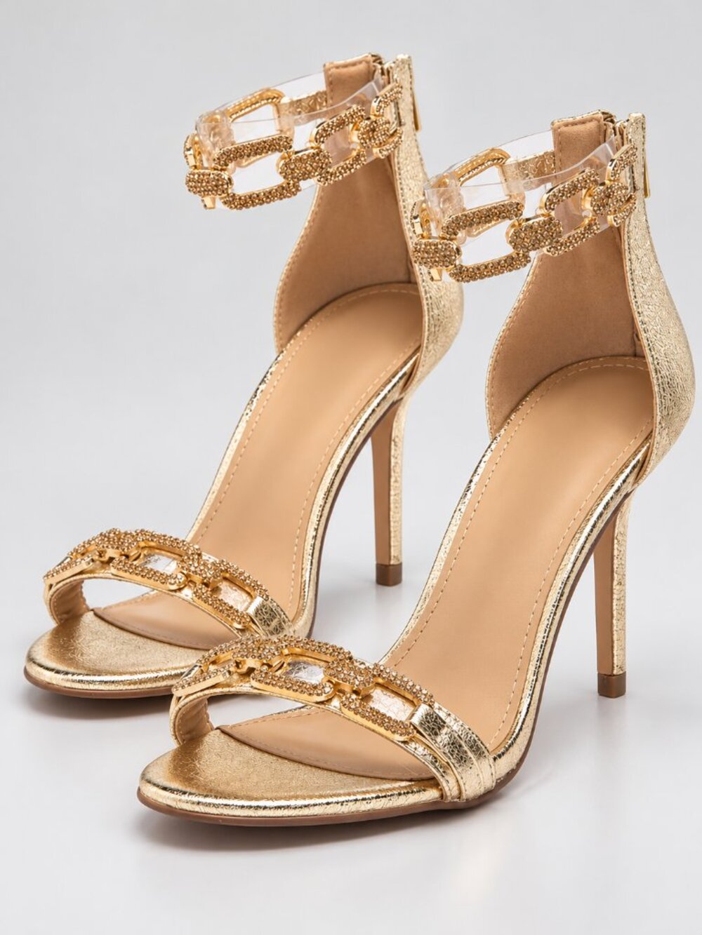 Lauren Lorraine Farla Gold Crystal Chain Ankle Strap Heels US 6.5 NIB